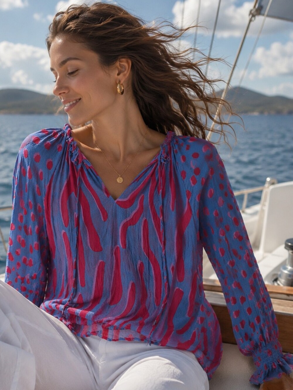 BLANK London Pink Coral & Blue Printed V-Neck Blouse